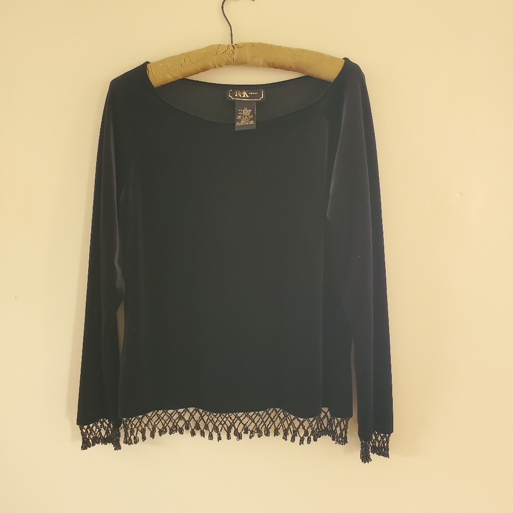 Vintage Velvet Black Top with Beaded Trim Detail Size 12